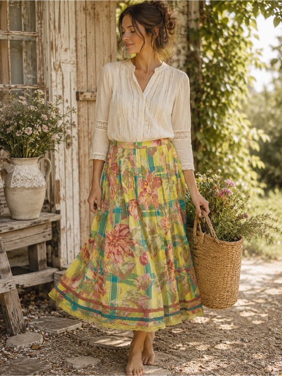 April Cornell Dresses & Skirts - April Cornell Floral Cottagecore Midi Skirt | Boho Prairie Cotton Skirt Small